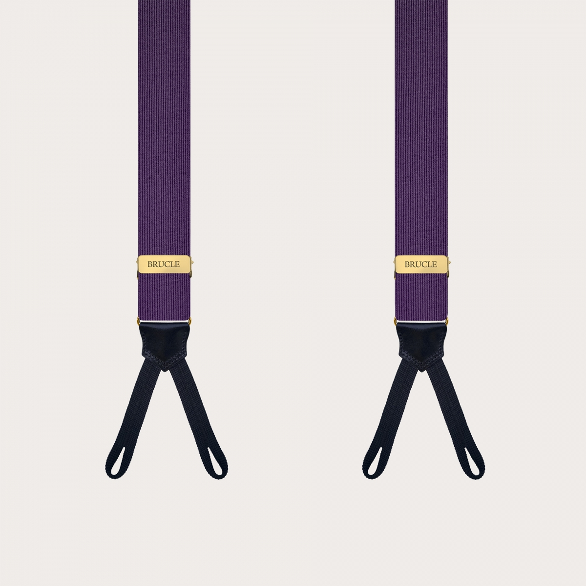 Narrow purple silk suspenders for buttons with gold metal parts