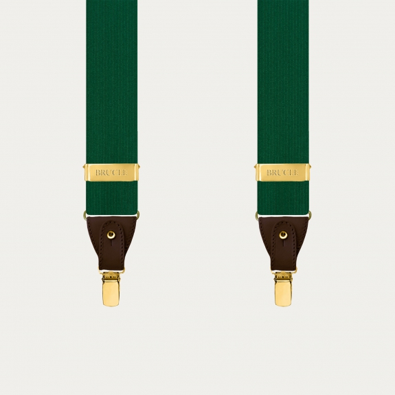 Bretelles pour homme en soie verte avec cuir marron et clips dorés