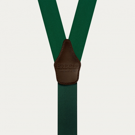 Men's green silk suspenders with brown leather and gold clips