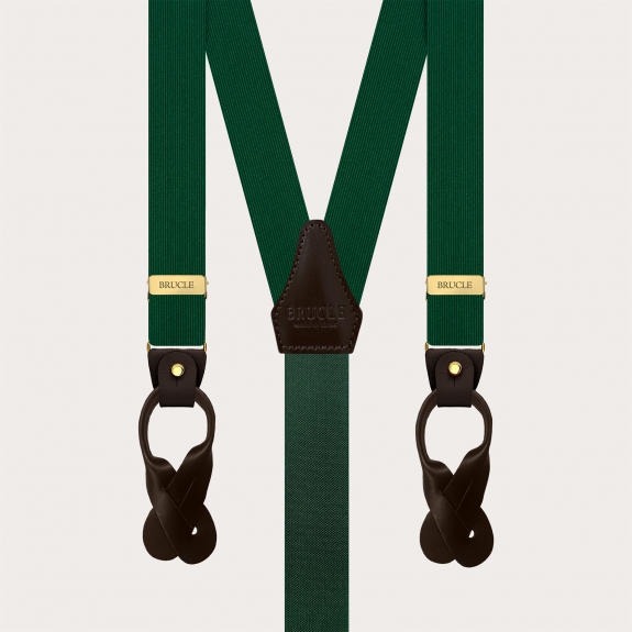 Narrow green silk suspenders with brown leather and gold clips