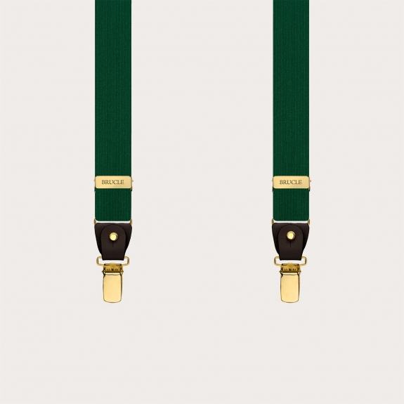 Narrow green silk suspenders with brown leather and gold clips