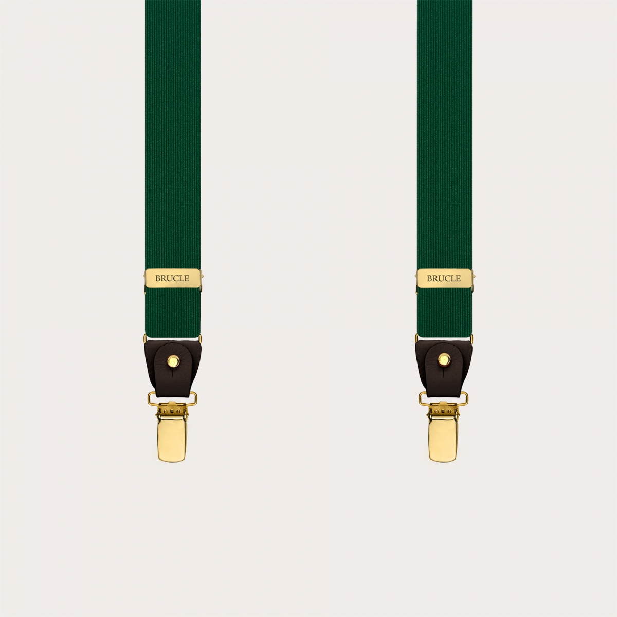 Narrow green silk suspenders with brown leather and gold clips
