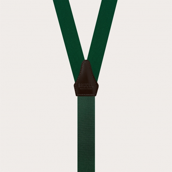 Green silk suspenders for buttons with dark brown contrast leather