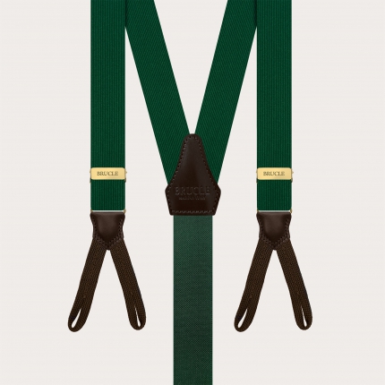 Green silk suspenders for buttons with dark brown contrast leather