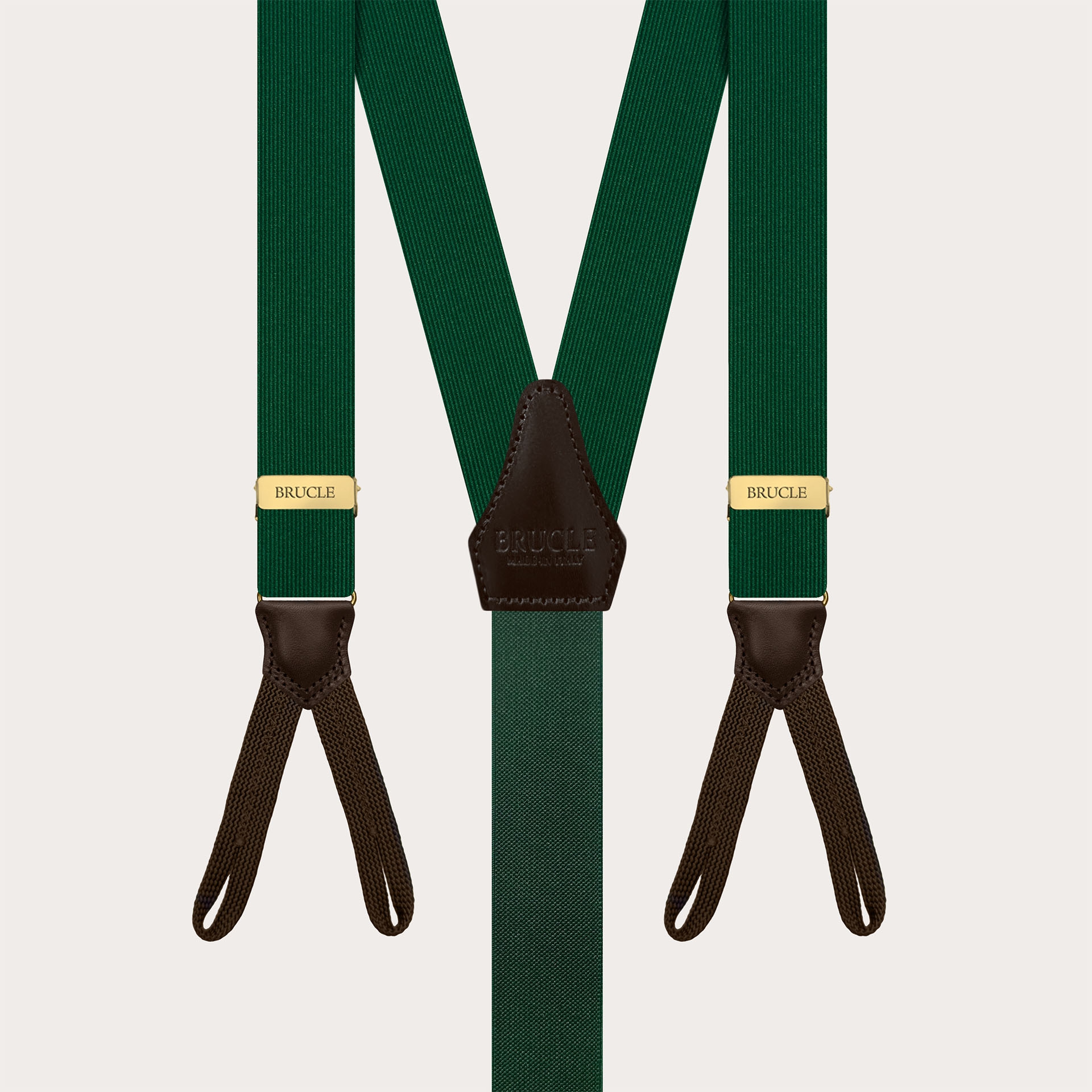Green silk suspenders for buttons with dark brown contrast leather