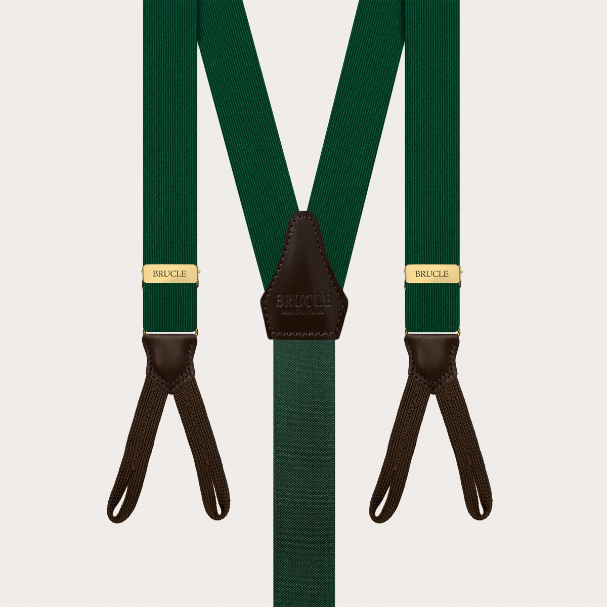Green silk suspenders for buttons with dark brown contrast leather