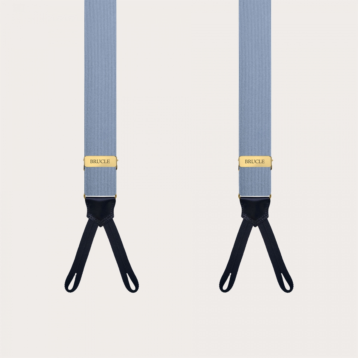 Light blue silk suspenders for buttons with loops and gold adjusters