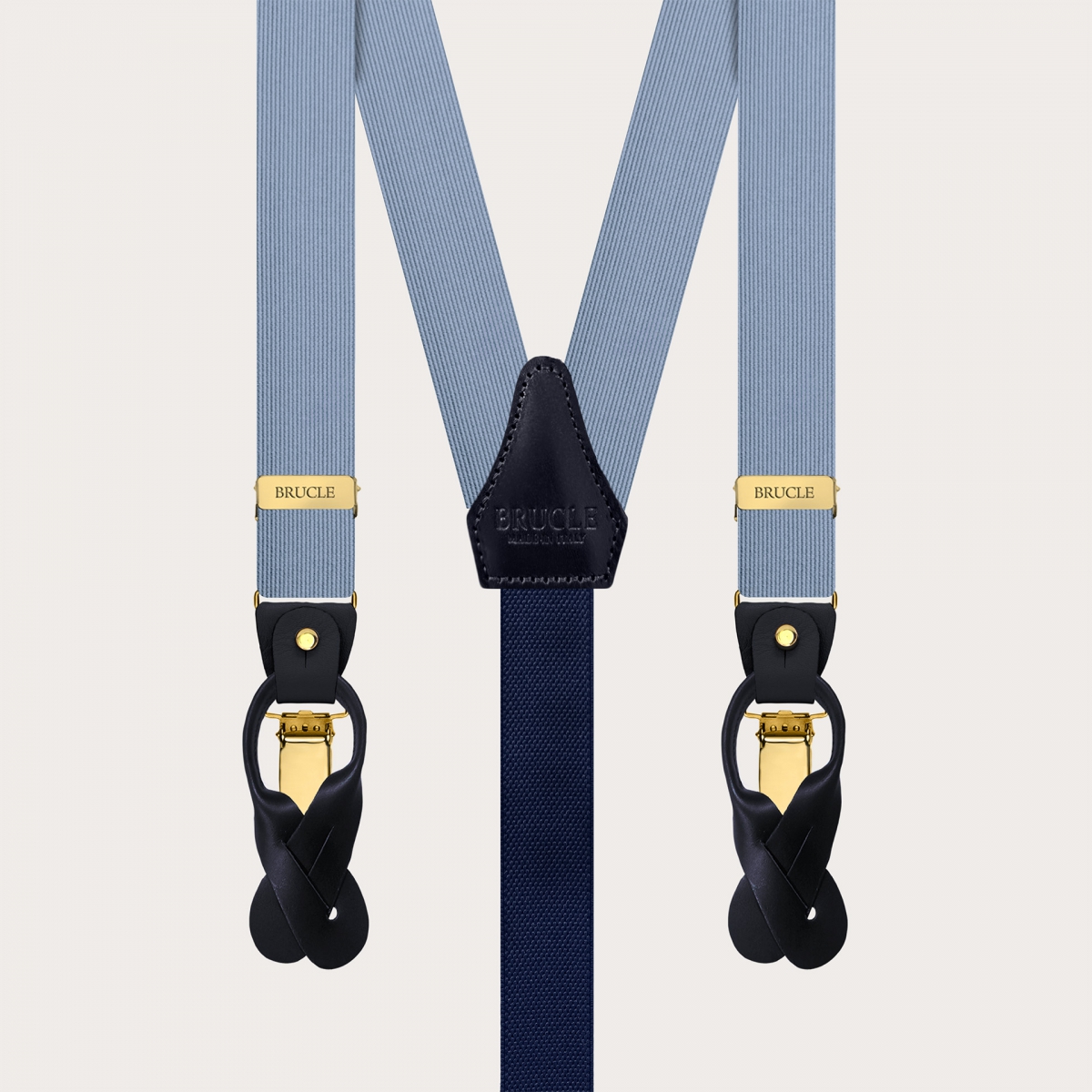 Elegant thin blue silk suspenders with gold metal parts
