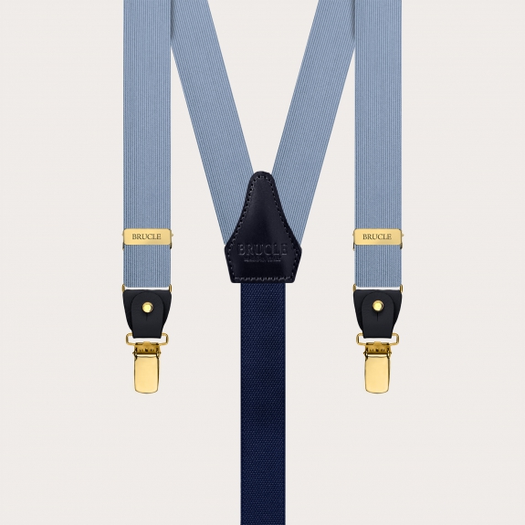 Elegant dünne blaue Seidenhosenträger mit goldenen Metallteilen