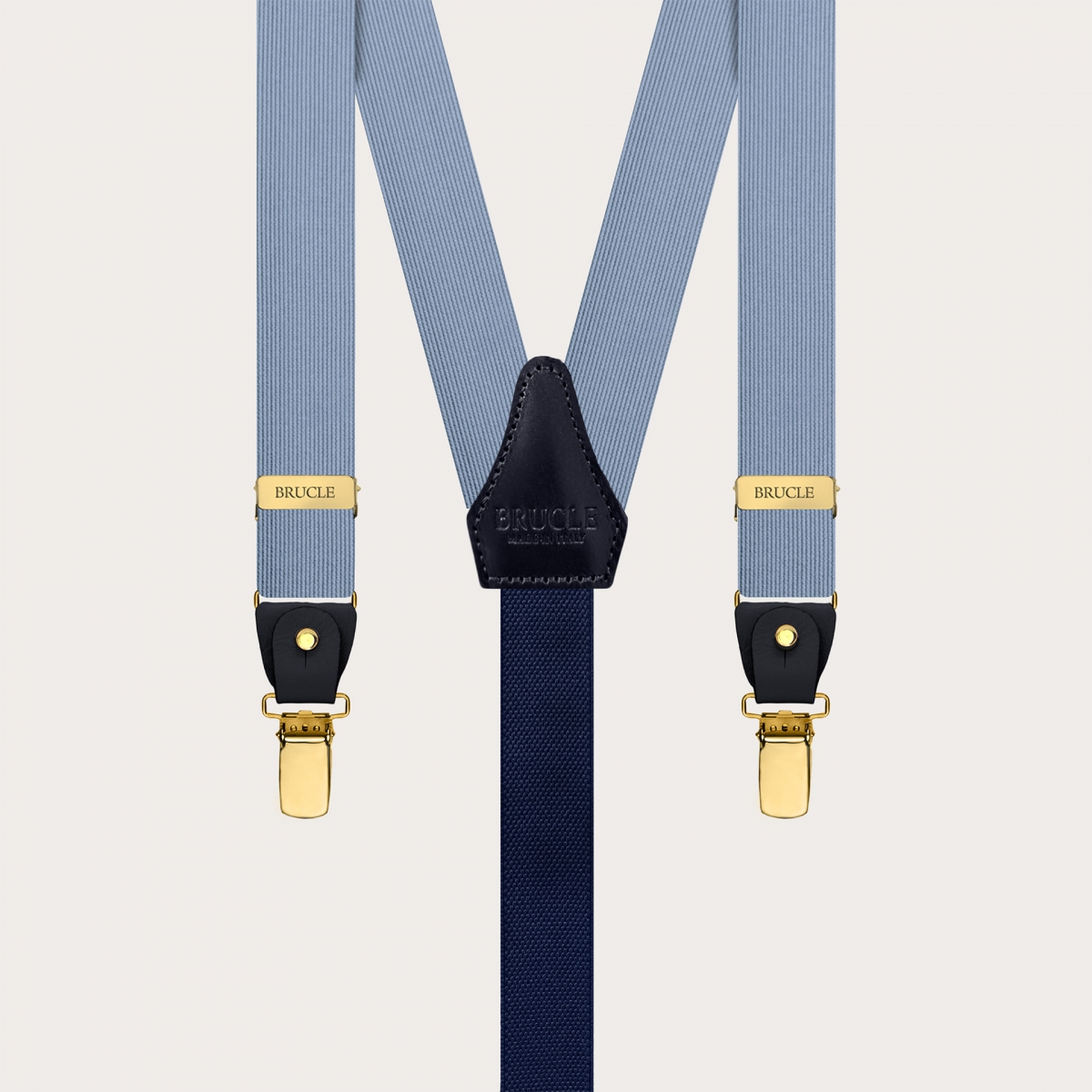Elegant thin blue silk suspenders with gold metal parts