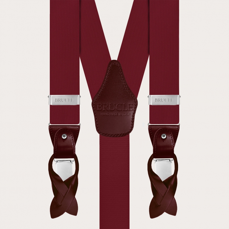 Bretelle uomo in seta bordeaux con pelle in tinta e clip argento