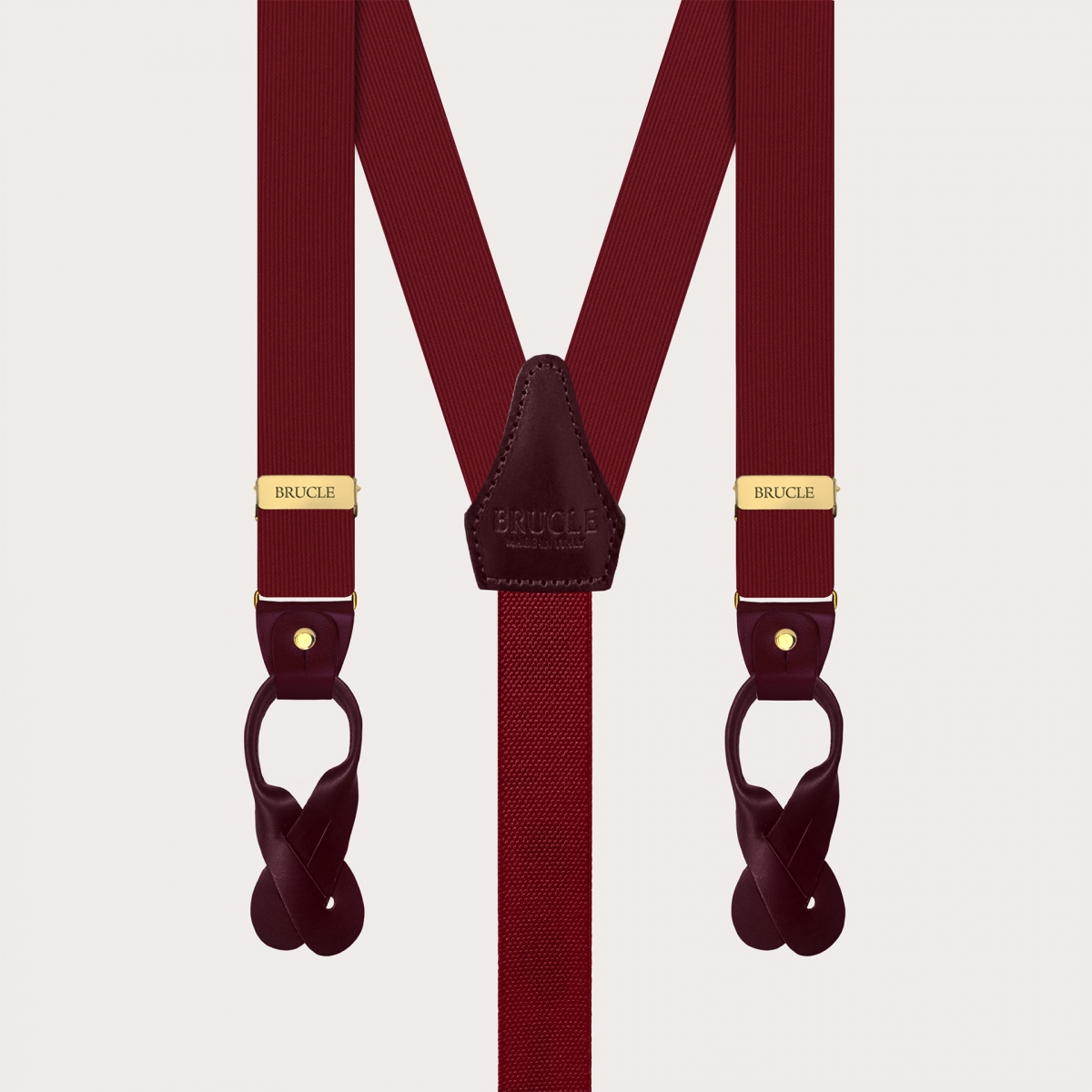 Burgundy silk suspenders with gold double-use clips