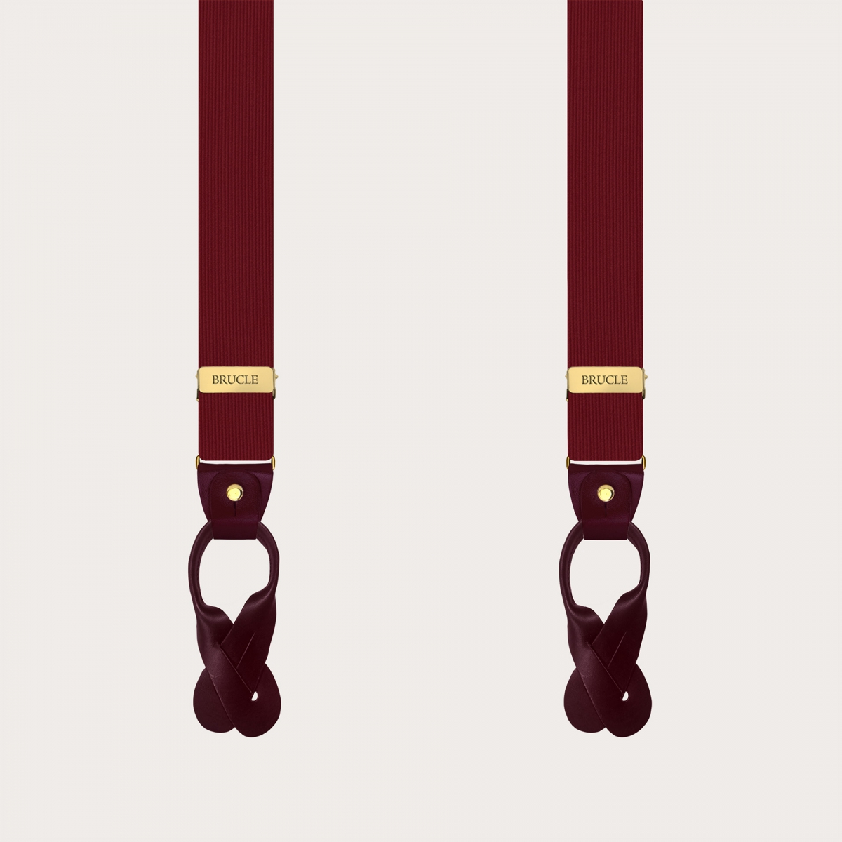 Burgundy silk suspenders with gold double-use clips