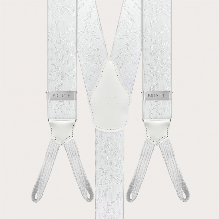 White ceremony suspenders for buttons with tone-on-tone pattern