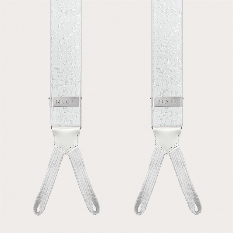 White ceremony suspenders for buttons with tone-on-tone pattern