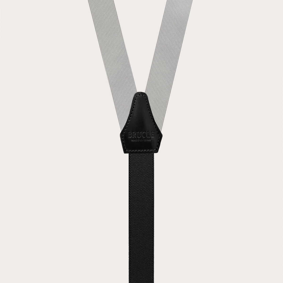 Gray silk suspenders with black leather for buttons or clips