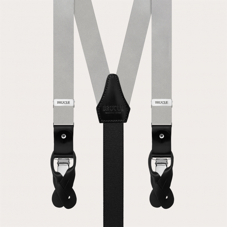 Bretelle grigie in seta con pelle nera per bottoni o clip