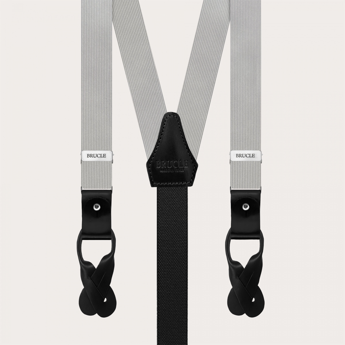 Graue Seidenhosenträger mit schwarzem Leder für Knöpfe oder Clips