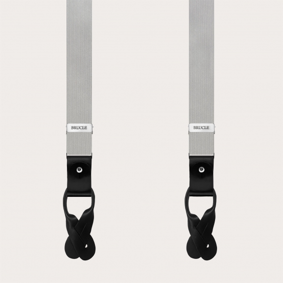 Gray silk suspenders with black leather for buttons or clips
