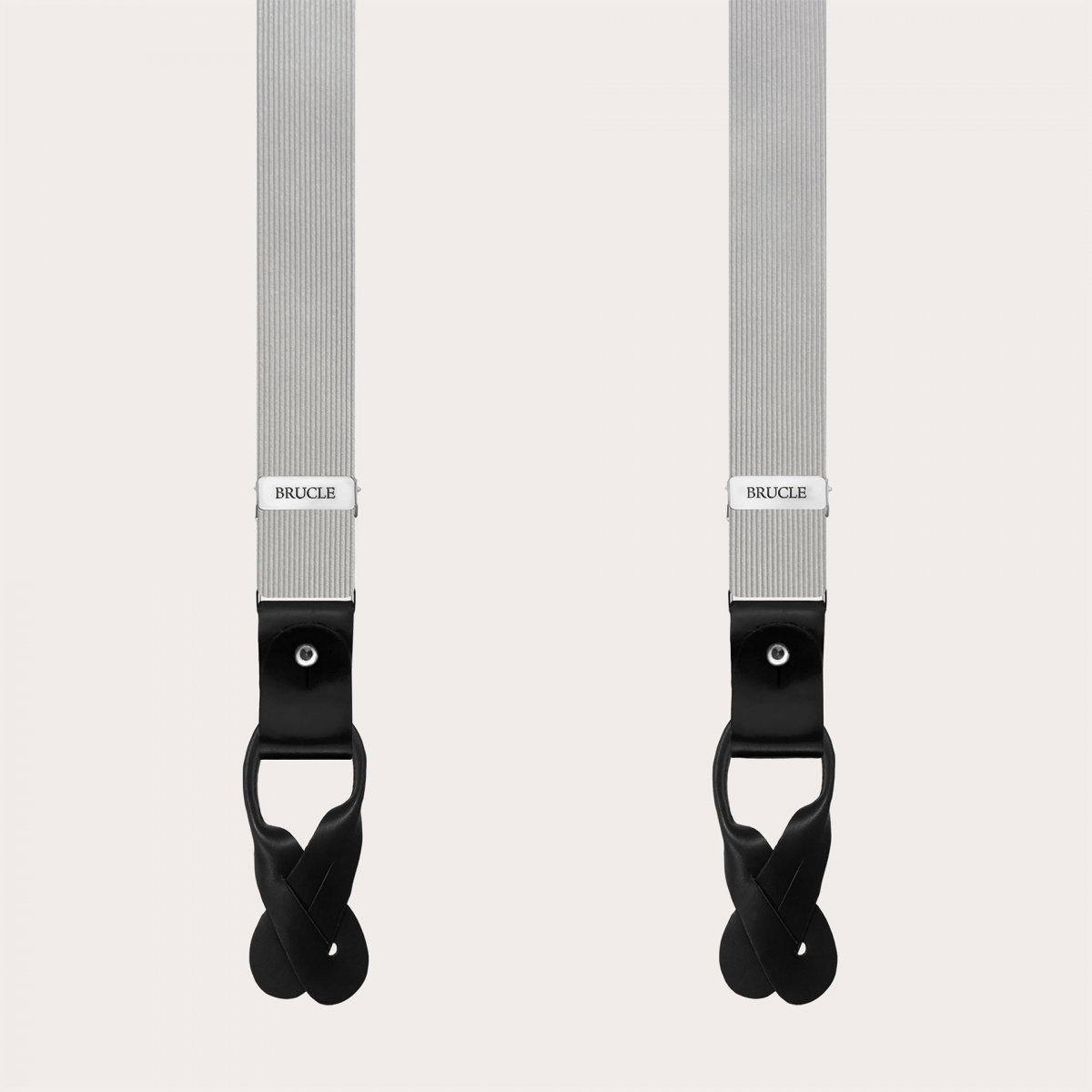 Graue Seidenhosenträger mit schwarzem Leder für Knöpfe oder Clips