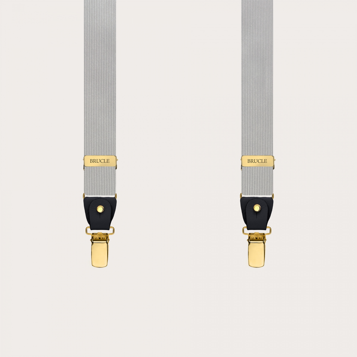 Gray narrow silk suspenders with gold metal parts