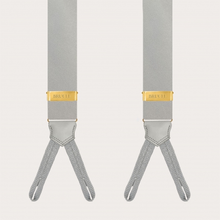 Grey silk satin suspenders for buttons with gold metal parts
