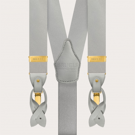 Tirantes para hombre de satén de seda gris con partes metálicas doradas
