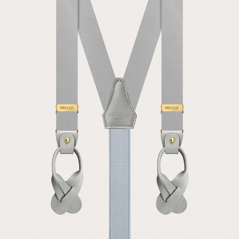 Narrow grey satin silk suspenders with gold clips