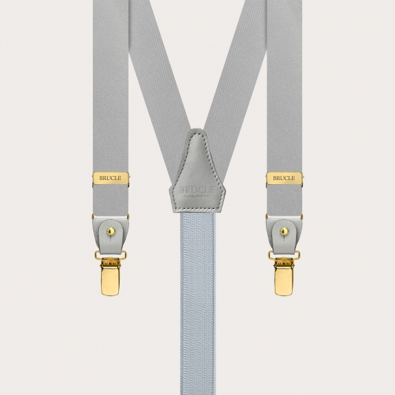 Narrow grey satin silk suspenders with gold clips