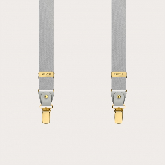 Narrow grey satin silk suspenders with gold clips