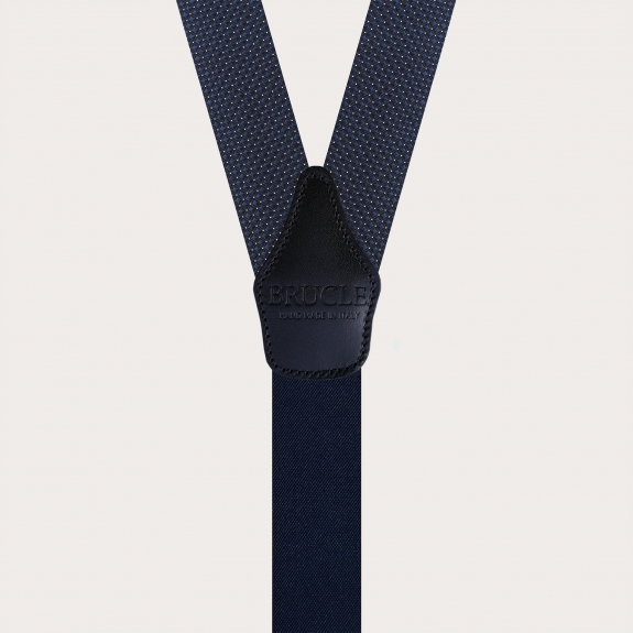Blue pin dot silk suspenders with gold metal parts
