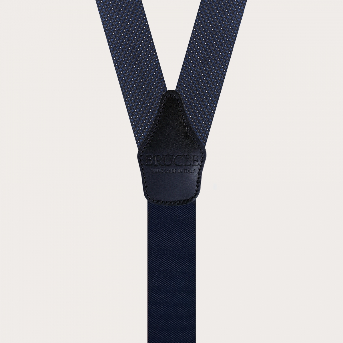 Blue pin dot silk suspenders with gold metal parts