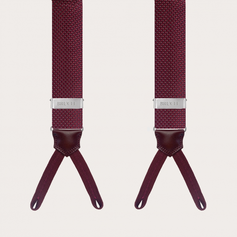 Silk suspenders for buttons with burgundy pin dot buttonholes