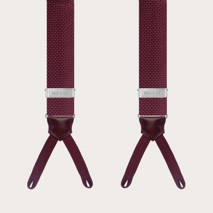 Silk suspenders for buttons with burgundy pin dot buttonholes
