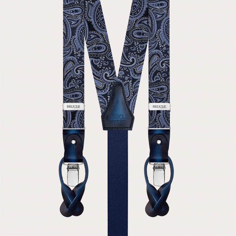 Tirantes estrechos de seda con diseño paisley azul para botones o clips