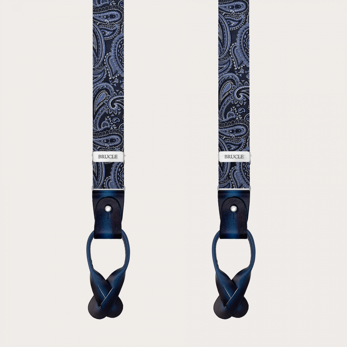 Tirantes estrechos de seda con diseño paisley azul para botones o clips