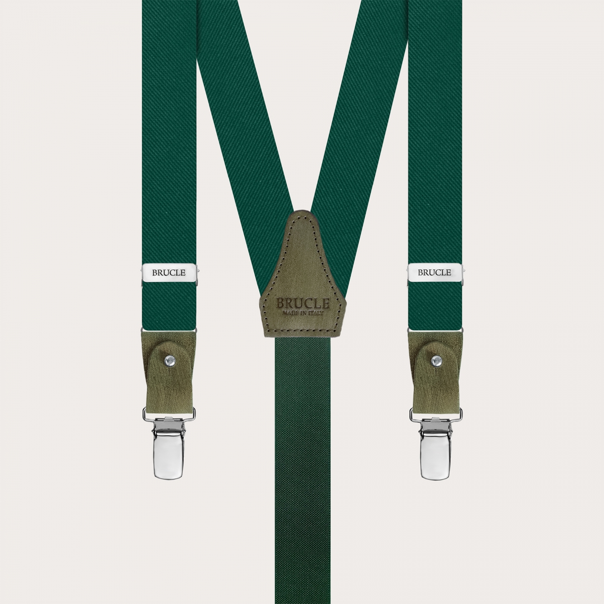 Thin suspenders in luminous green forest silk with hand colored leather