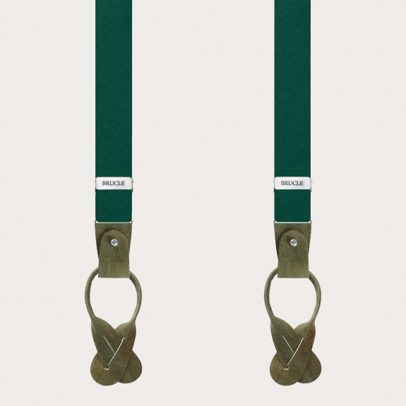 Thin suspenders in luminous green forest silk with hand colored leather