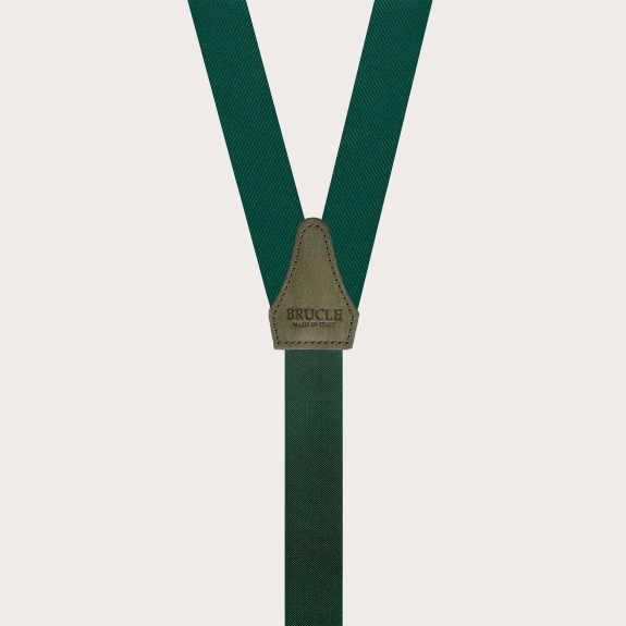 Thin suspenders in luminous green forest silk with hand colored leather