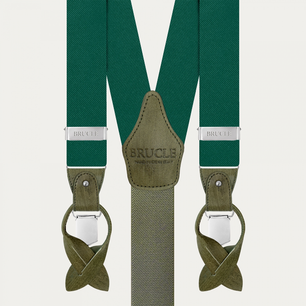 Suspenders in luminous green forest silk with hand colored leather