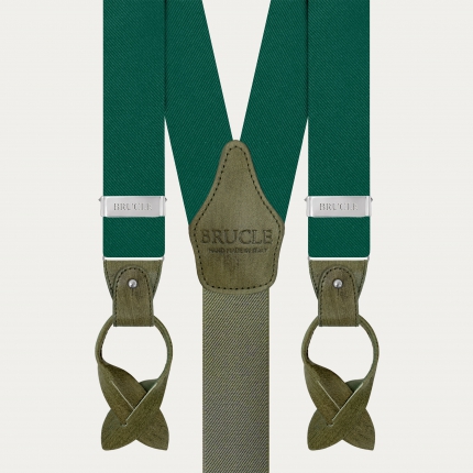 Suspenders in luminous green forest silk with hand colored leather