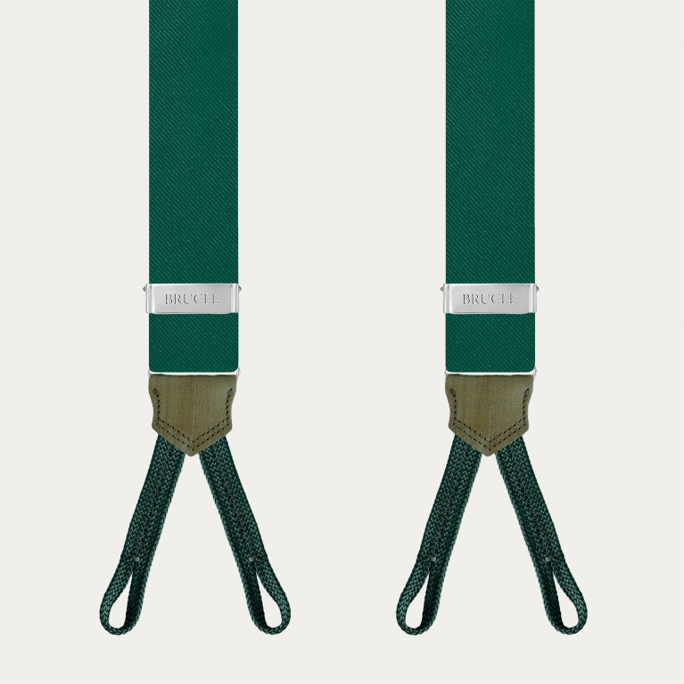 Green silk suspenders for buttons with hand-colored leather