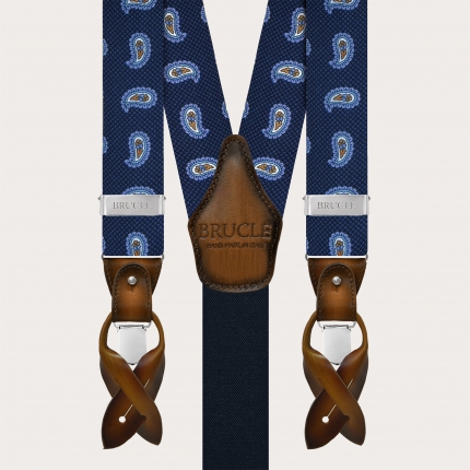 Bretelles en soie bleue avec motif paisley macro et cuir contrasté