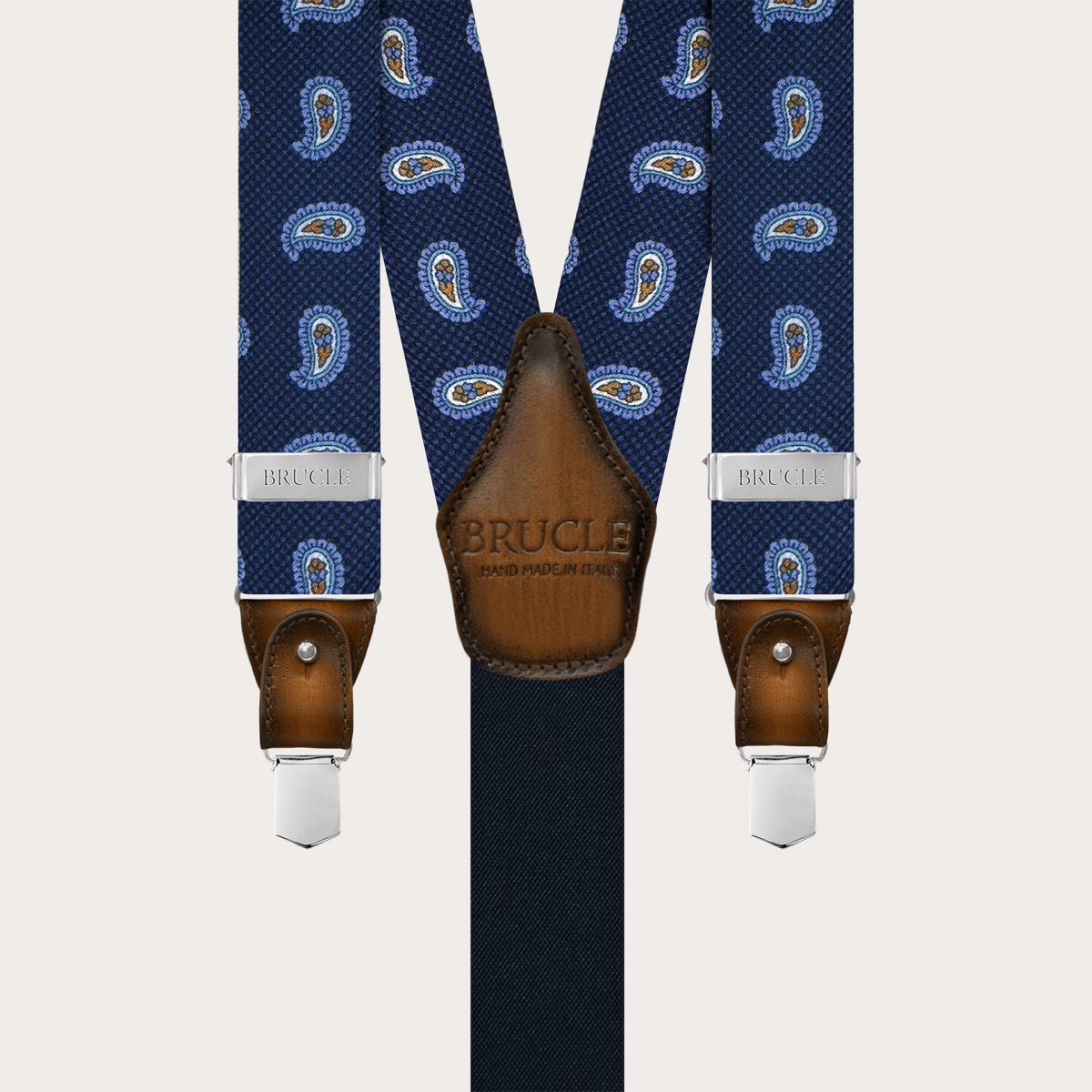 Blaue Seidenhosenträger mit Makro-Paisley-Muster und kontrastierendem Leder