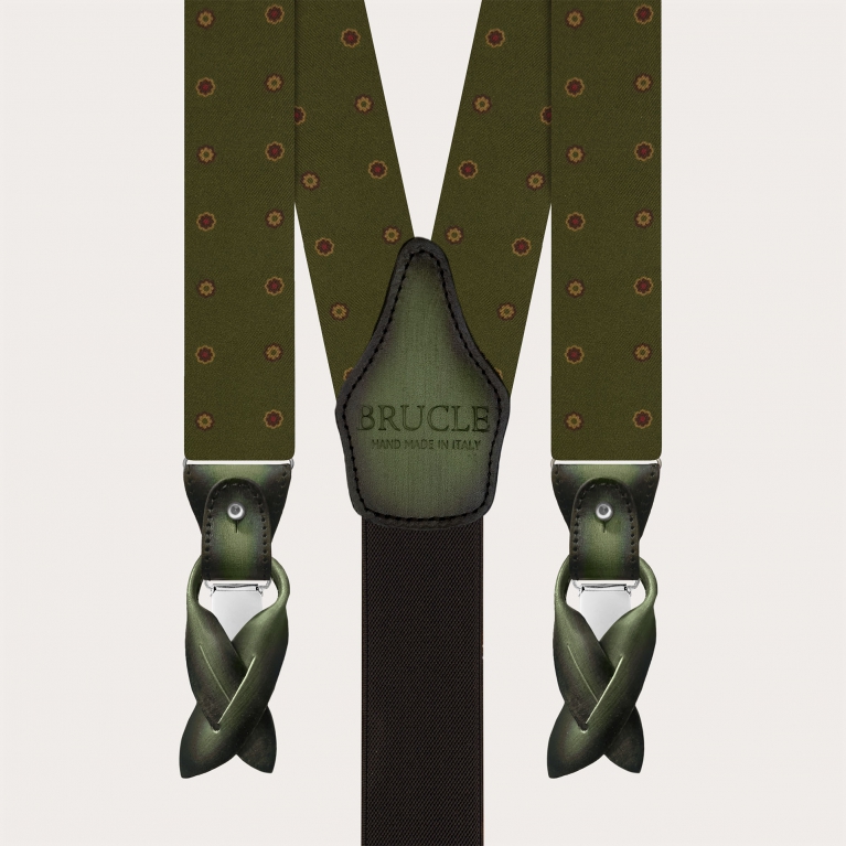 Green floral silk suspenders with hand-colored leather