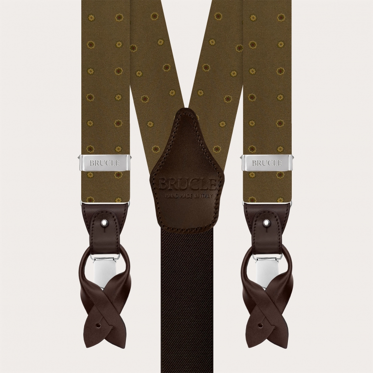 Brown silk floral suspenders for buttons or clips