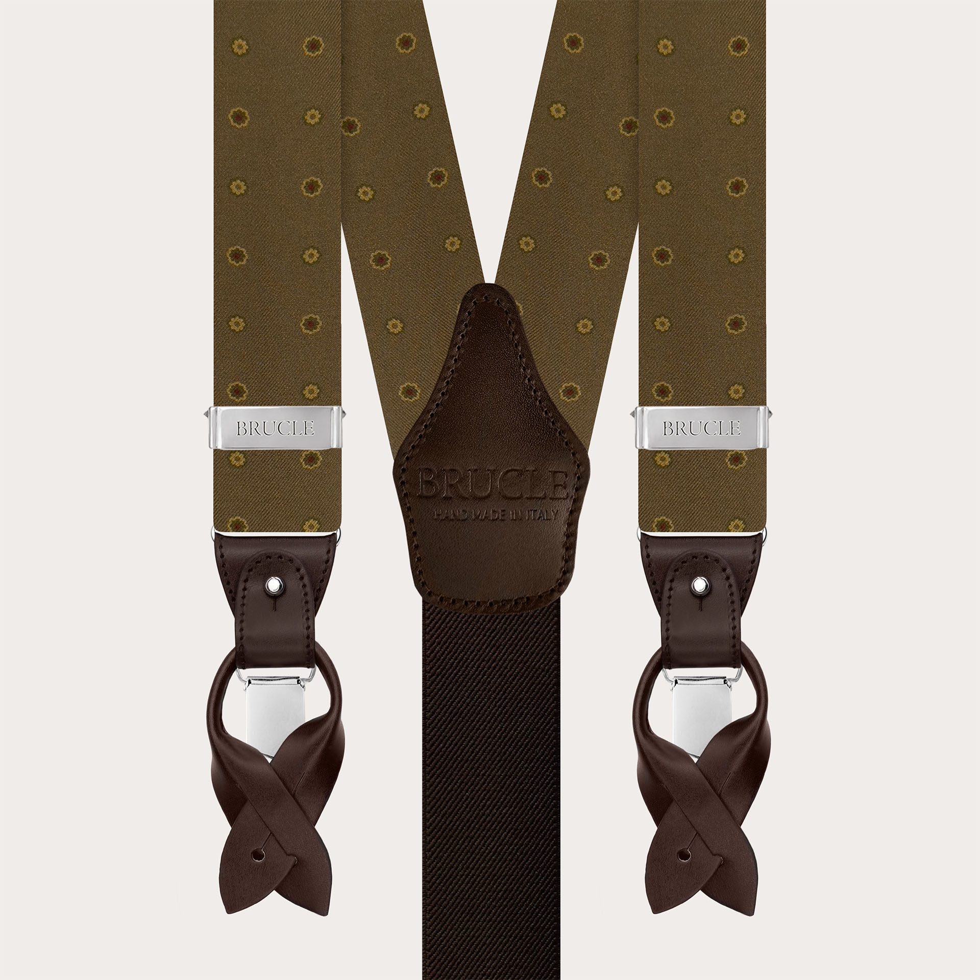 Brown silk floral suspenders for buttons or clips