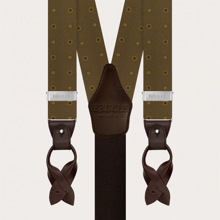 Brown silk floral suspenders for buttons or clips