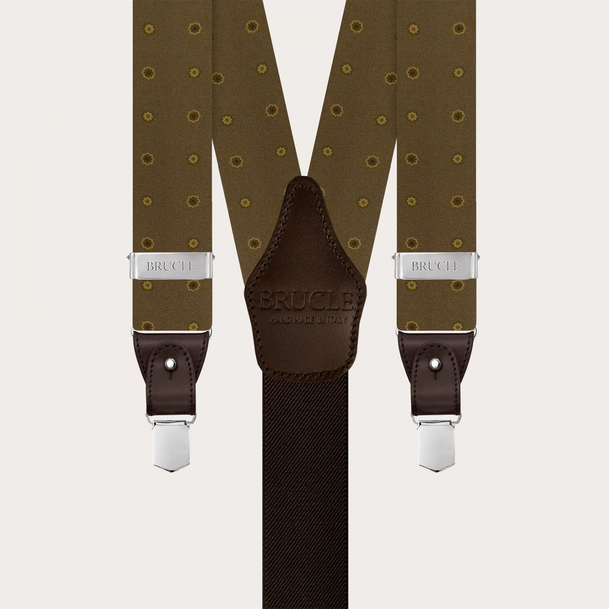 Brown silk floral suspenders for buttons or clips