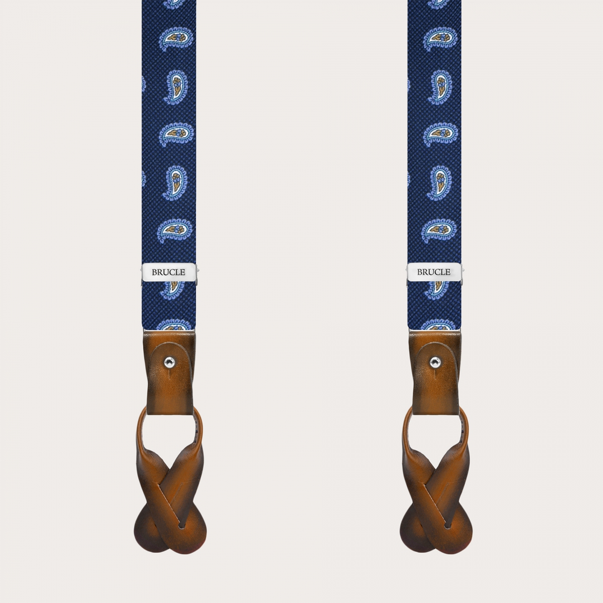 Bretelle strette in seta blu paisley con pelle colorata a mano